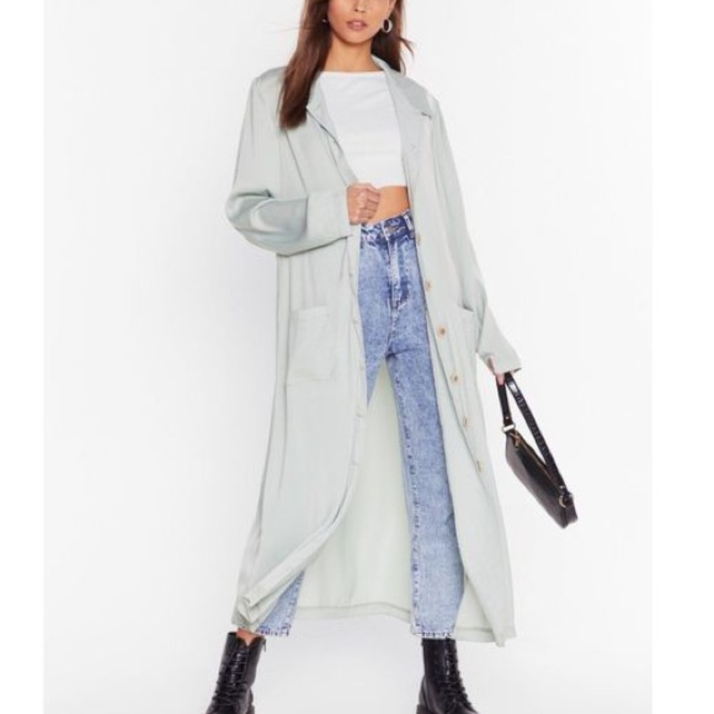 Satin Duster Jacket with Tie Belt at Waist